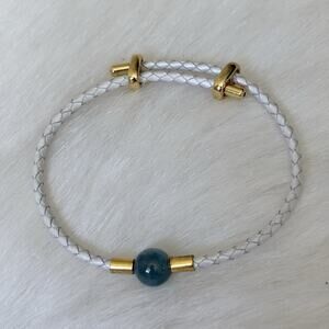 White Leather Braided Bracelet Green Bead Gold Tone Adjustable Jewelry